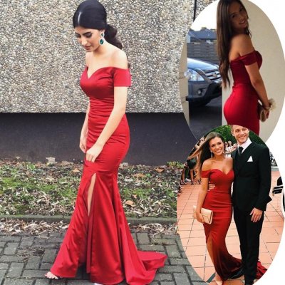 Charming Long Prom/Evening Dress - Red Mermaid Off the Shoulder with Legsplit