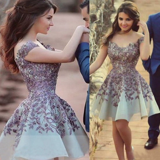 New Arrival Short Prom/Homecoming Dress - Off Shoulder with Purple Embroidery - Click Image to Close