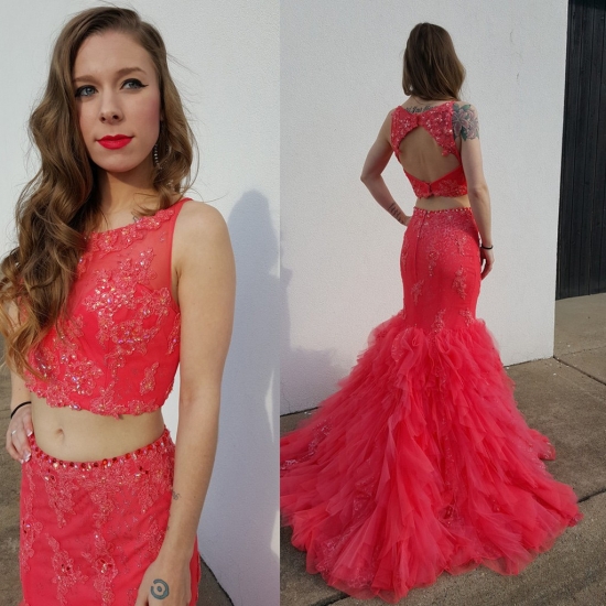 Sexy Mermaid Prom Dress - Two Piece Backless Top with Appliques - Click Image to Close