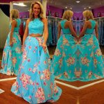 Sexy Two Piece Blue Appliques Ball Gown Printed Prom Party Dress for Women