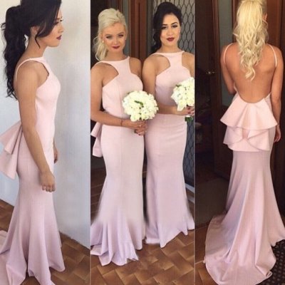 Elegant Spaghetti Straps Backless Pink Mermaid Bridesmaid Dress