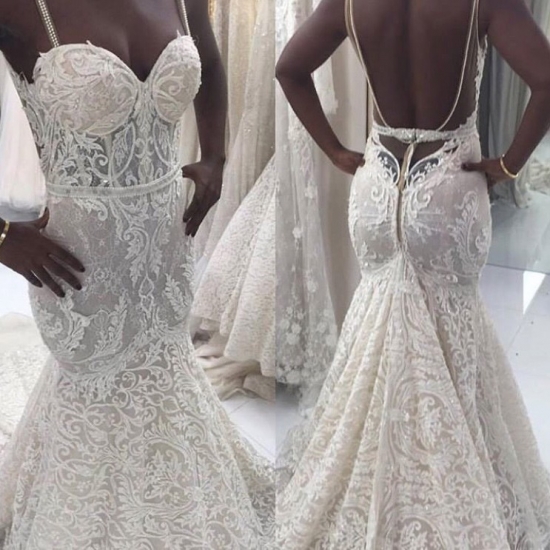 Sexy Spaghetti Straps Backless Lace Wedding Dresses with Pears - Click Image to Close