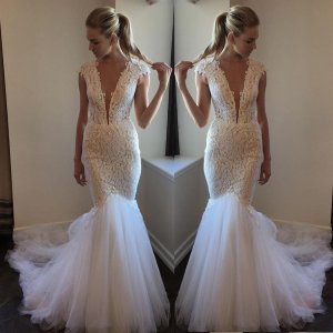 High Quality Cut Low V-Neck Lace Mermaid Wedding Dresses