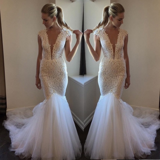 High Quality Cut Low V-Neck Lace Mermaid Wedding Dresses - Click Image to Close