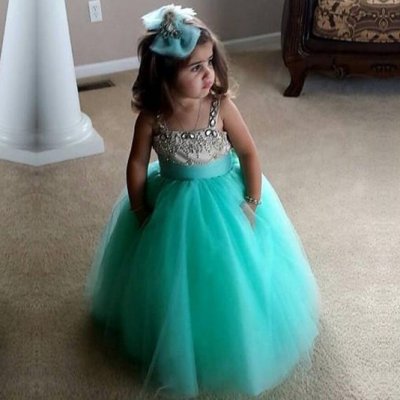 Princess Floor Length Turquoise Ball Gown Flower Girl Dress with Rhinestone