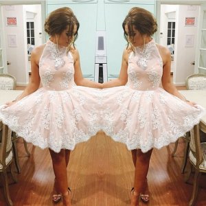 Stunning High Neck Sleeveless Short Pink Homecoming Dresses with White Lace
