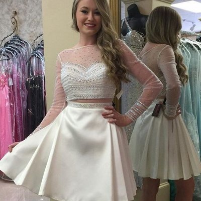 Exquisite Sabrina Neck Two Piece Short Ivory Homecoming Dress with Beading Illusion Sleeves