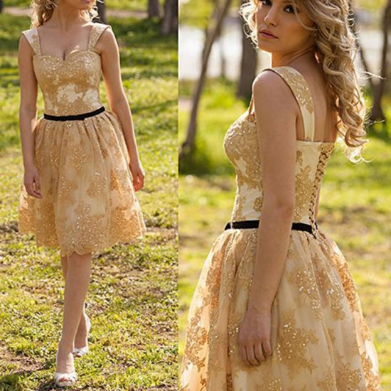 Luxurious Square Sleeveless Knee-Length Beige Homecoming Dress with Beading Gold Lace - Click Image to Close