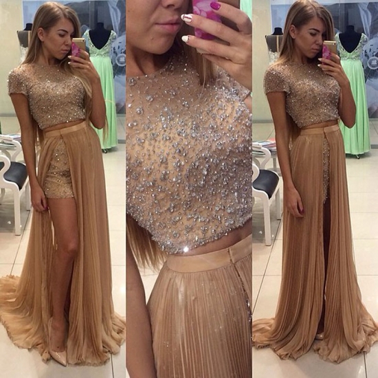 Two Piece Bateau Short Sleeves Khaki Prom Dress with Beading Legslit - Click Image to Close