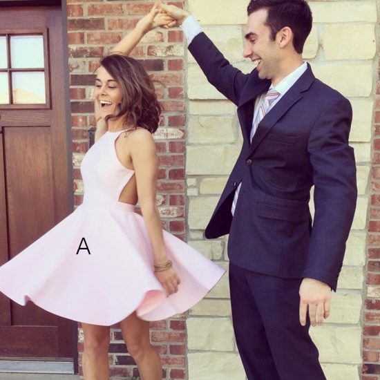 A-Line Jewel Backless Short Pearl Pink Satin Homecoming Dress - Click Image to Close