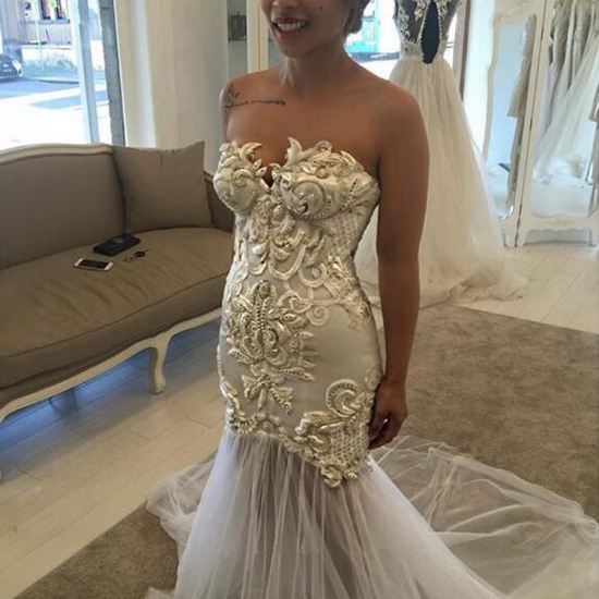 Hot Selling Sweetheart Sheath Court Train Wedding Dress with Gold Appliques - Click Image to Close