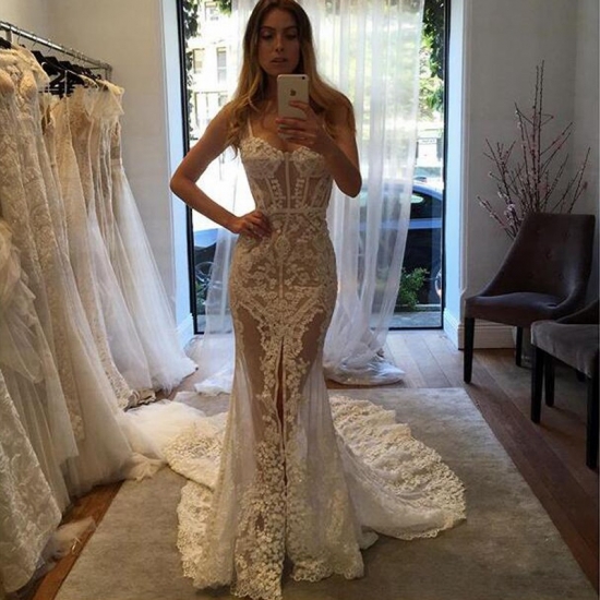 Sexy Sweetheart Court Train Illusion Sheath Lace Wedding Dress with Legslit - Click Image to Close
