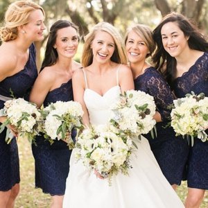 Elegant One Shoulder Short Navy Blue Lace Bridesmaid Dress with Sash