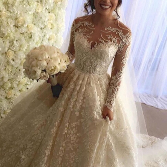Ball Gown Wedding Dress with Long Sleeves Court Train - Click Image to Close