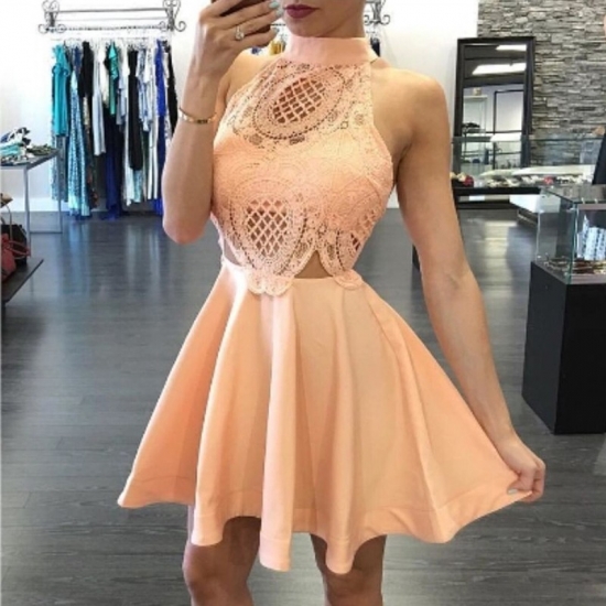 High Neck Short Apricot Homecoming Dress with Lace Backless - Click Image to Close