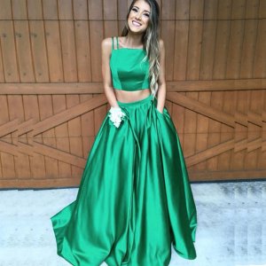 Two Piece Spaghetti Straps Hunter Satin Prom Dress with Pockets Pleats