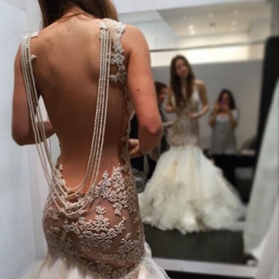 Glamorous Jewel Sleeveless Appliques Pearl Mermaid Wedding Dress with Illusion Back - Click Image to Close