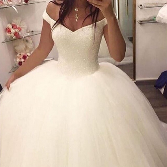 Ball Gown Off-the-Shoulder Sleeveless Sweep Train Wedding Dress with Sequins - Click Image to Close