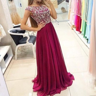 Luxurious A-Line Scoop Cap Sleeves Grape Long Prom Dress with Beading