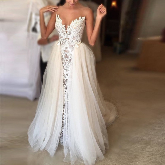 Glamorous A-line Wedding Dress - Bateau Detachable Train Illusion Back - Click Image to Close