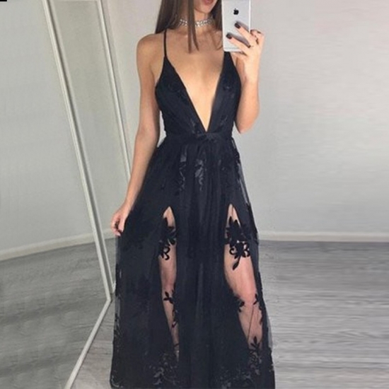 Hot Black Prom Dress - Deep V Neck Sleeveless Floor Length Illusion with Appliques - Click Image to Close