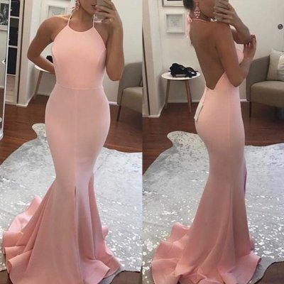 Pink Mermaid Prom Dress - Halter Sleeveless Backless Sweep Train with Split