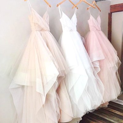 Pink/White Spaghetti Straps Sleeveless Asymmetry Tulle Prom Dress