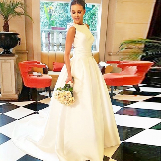 A-line Jewel Sweep Train Backless Wedding Dress - Click Image to Close