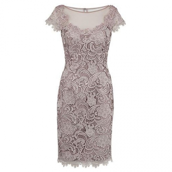 Sheath Bateau Cap Sleeves Grey Lace Short Mother of The Bride Dress - Click Image to Close
