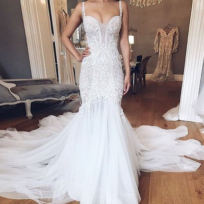 Mermaid Style Backless Straps Court Train Wedding Dress with Lace
