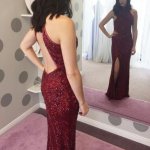 Sheath Burgundy High Neck Sweep Train Split Prom Dress with Beading Sequins