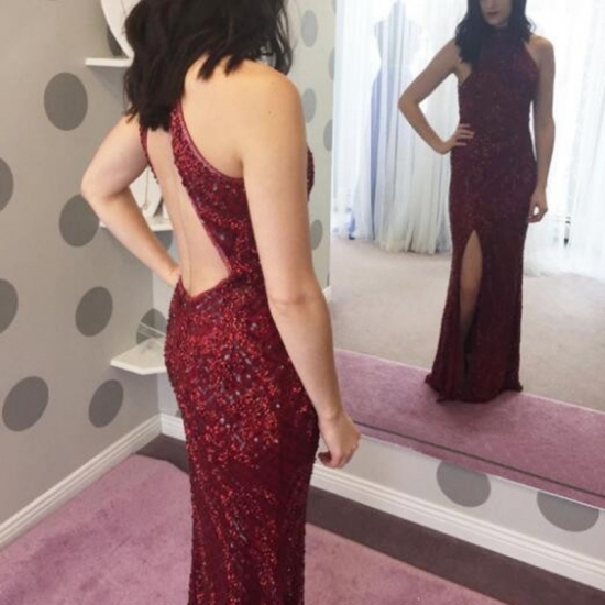 Sheath Burgundy High Neck Sweep Train Split Prom Dress with Beading Sequins - Click Image to Close