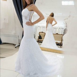 Mermaid Backless Straps Sweep Train Lace Wedding Dress with Appliques