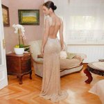 Sheath Backless V-neck Long Light Champagne Sequined Prom Dress with Beading