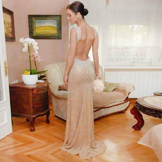 Sheath Backless V-neck Long Light Champagne Sequined Prom Dress with Beading - Click Image to Close