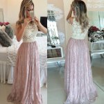Lace Prom Dress - Jewel Sleeveless Floor-Length with Pearls