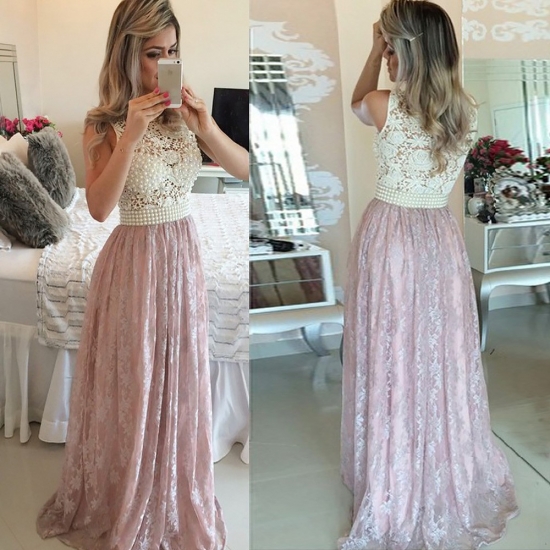 Lace Prom Dress - Jewel Sleeveless Floor-Length with Pearls - Click Image to Close