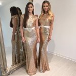 Mermaid Bateau Backless Rose Gold Sequined Bridesmaid Dress with Sash