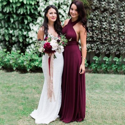 A-Line Halter Backless Maroon Chiffon Bridesmaid Dress with Sash