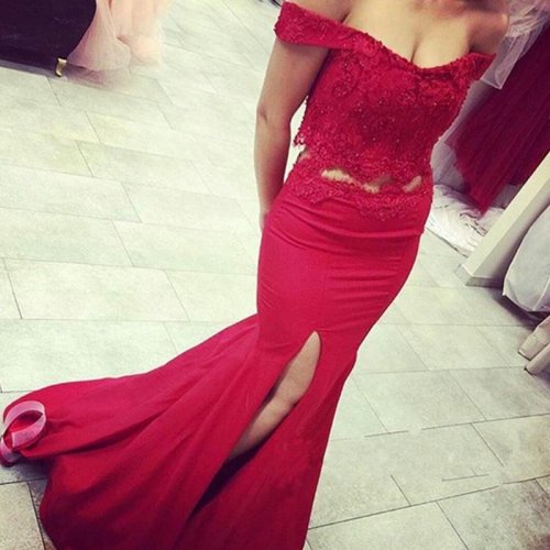 Two Piece Mermaid Off-the-Shoulder Red Prom Dress with Beading Appliques
