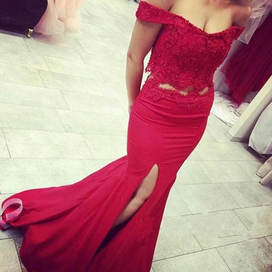 Two Piece Mermaid Off-the-Shoulder Red Prom Dress with Beading Appliques - Click Image to Close