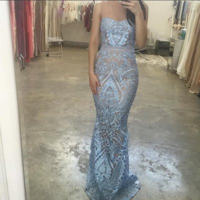 Mermaid Jewel Sweep Train Blue Lace Prom Dress with Beading Open Back