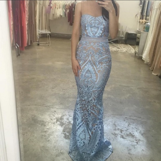 Mermaid Jewel Sweep Train Blue Lace Prom Dress with Beading Open Back - Click Image to Close
