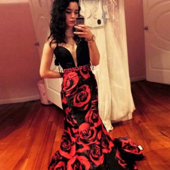 Mermaid V-Neck Sweep Train Black Floral Prom Dress with Beading - Click Image to Close
