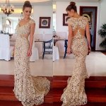 Mermaid Style Scoop Cap Sleeves Sweep Train Champagne Lace Prom Dress