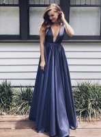 A-Line Deep V-Neck Backless Sweep Train Dark Blue Taffeta Prom Dress