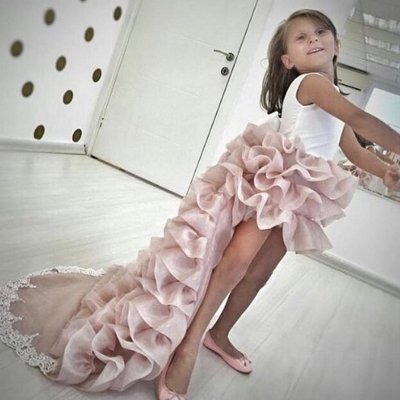 High Low Round Neck Light Champagne Tiered Organza Flower Girl Dress with Lace