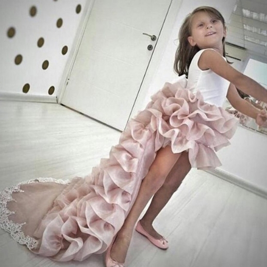 High Low Round Neck Light Champagne Tiered Organza Flower Girl Dress with Lace - Click Image to Close