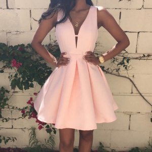 A-Line Deep V-Neck Short Pearl Pink Satin V Back Homecoming Dress