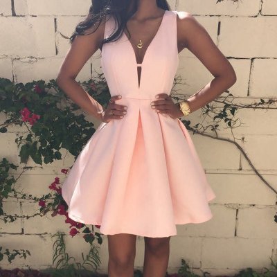 A-Line Deep V-Neck Short Pearl Pink Satin V Back Homecoming Dress